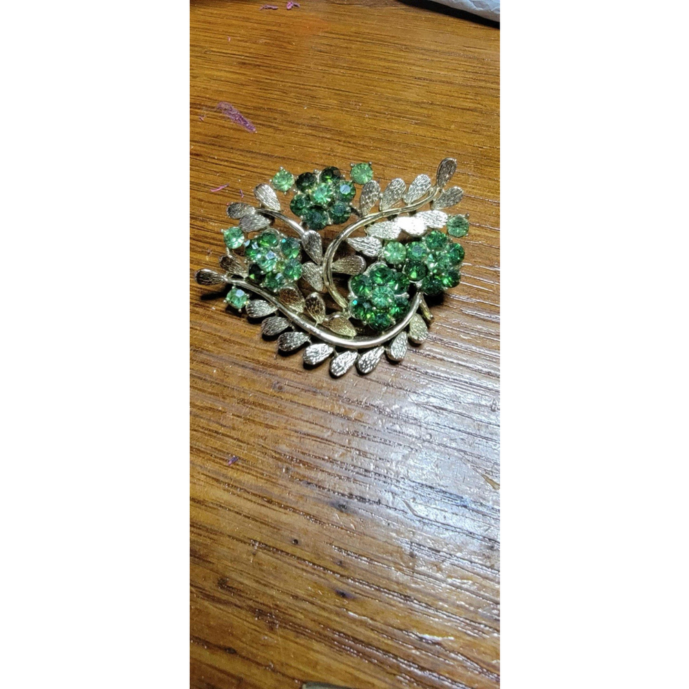 Vintage Signed Coro Floral Flower Green Rhinestone Gold Tone Brooch Pin